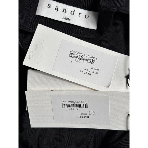 Sandro Paris “Bow” Black Faux Wrap Mini Dress Tone on Tone Polka Dot Sz 1/S NEW - Picture 4 of 7